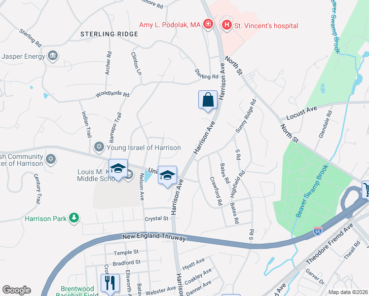 map of restaurants, bars, coffee shops, grocery stores, and more near 15 Iroquois Trail in Harrison
