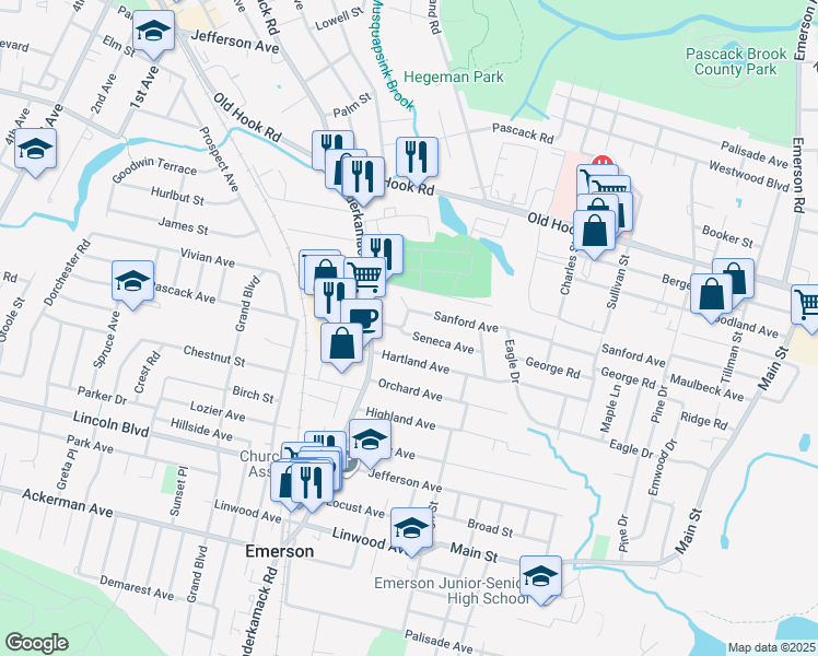 map of restaurants, bars, coffee shops, grocery stores, and more near 35 Sanford Avenue in Emerson