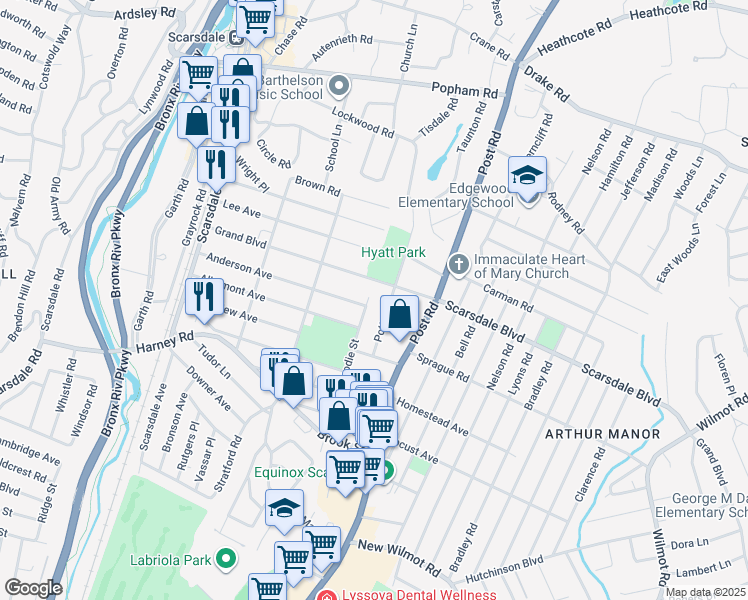 map of restaurants, bars, coffee shops, grocery stores, and more near 146 Scarsdale Boulevard in Scarsdale