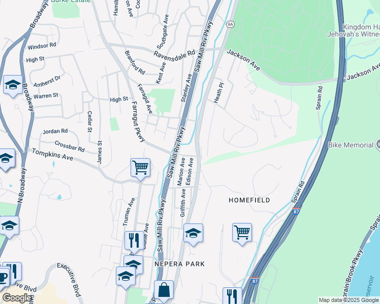 map of restaurants, bars, coffee shops, grocery stores, and more near 1337 Saw Mill River Road in Hastings-on-Hudson