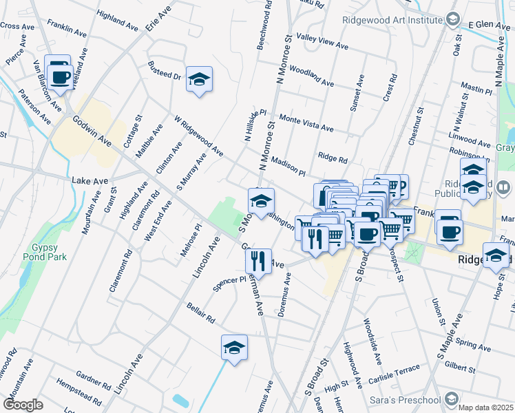 map of restaurants, bars, coffee shops, grocery stores, and more near 25 South Monroe Street in Ridgewood
