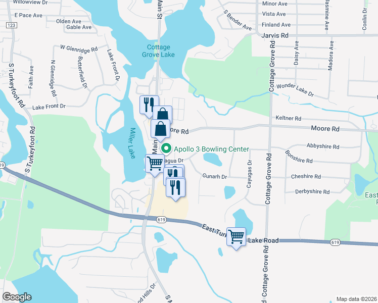 map of restaurants, bars, coffee shops, grocery stores, and more near 111 Magua Drive in Akron
