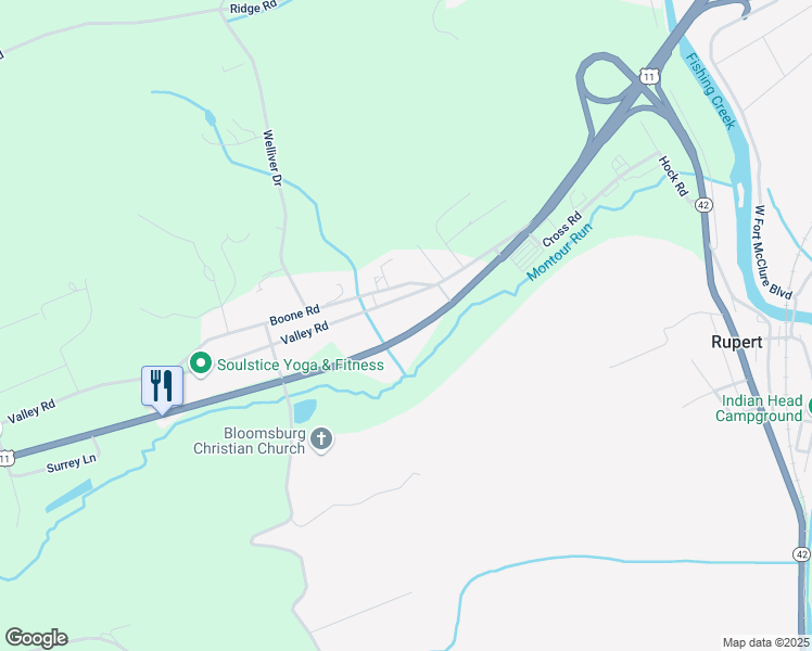 map of restaurants, bars, coffee shops, grocery stores, and more near 220 Valley Rd in Bloomsburg