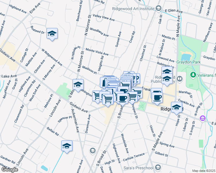 map of restaurants, bars, coffee shops, grocery stores, and more near 20 Corsa Terrace in Ridgewood