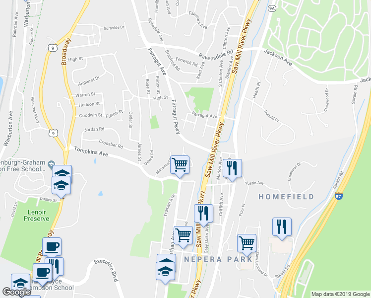 map of restaurants, bars, coffee shops, grocery stores, and more near 41 Curry Road in Hastings-on-Hudson