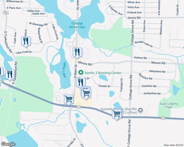 map of restaurants, bars, coffee shops, grocery stores, and more near 111 Magua Drive in Akron