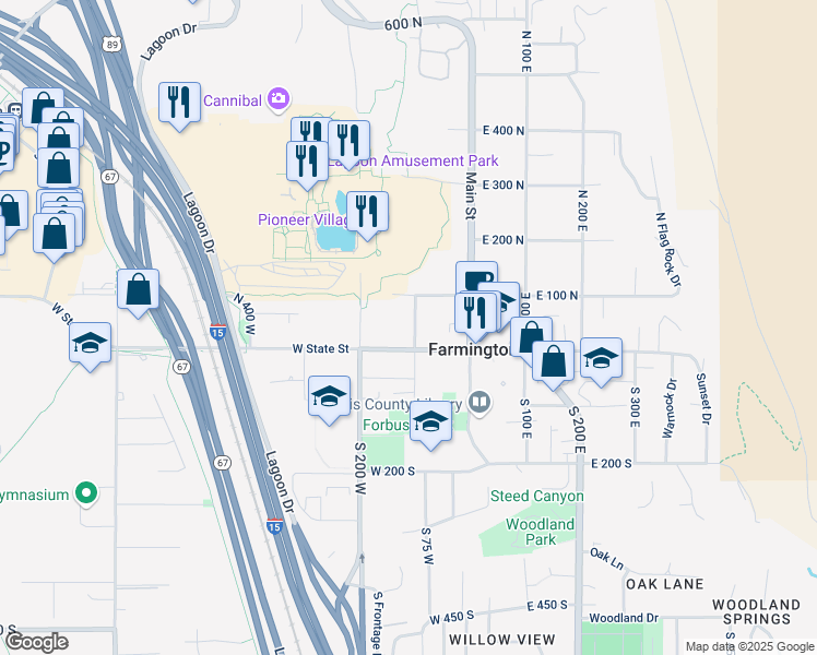 map of restaurants, bars, coffee shops, grocery stores, and more near 21 North 100 West in Farmington