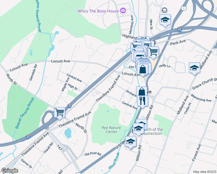 map of restaurants, bars, coffee shops, grocery stores, and more near 150 Theodore Fremd Avenue in Rye