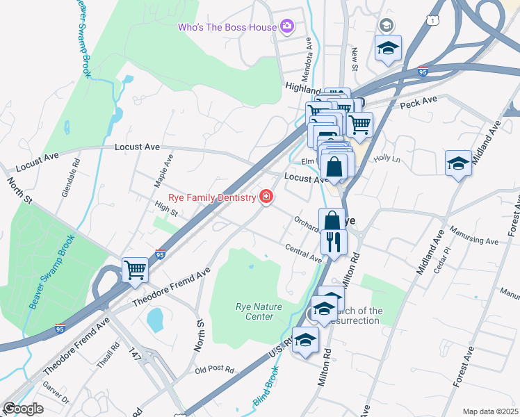 map of restaurants, bars, coffee shops, grocery stores, and more near 130 Theodore Fremd Avenue in Rye