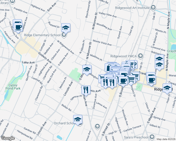 map of restaurants, bars, coffee shops, grocery stores, and more near 25 South Monroe Street in Ridgewood