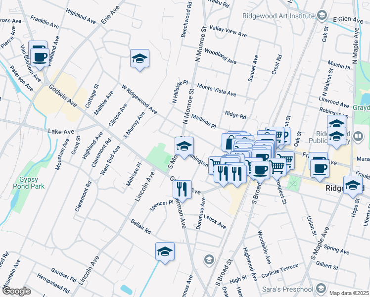 map of restaurants, bars, coffee shops, grocery stores, and more near 25 South Monroe Street in Ridgewood