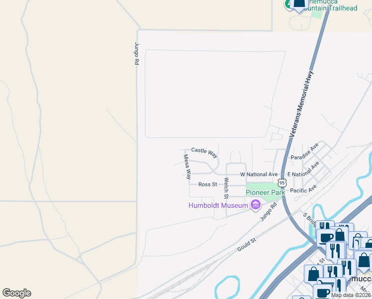 map of restaurants, bars, coffee shops, grocery stores, and more near 686 Castle Way in Winnemucca