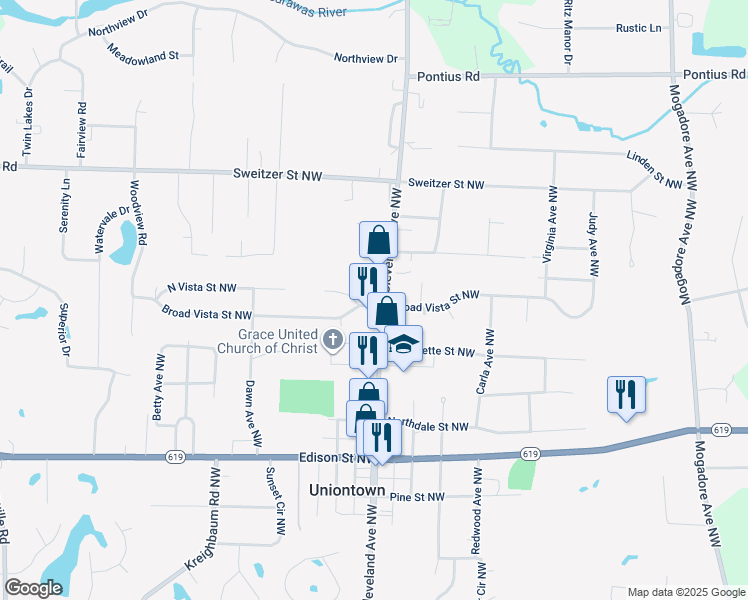 map of restaurants, bars, coffee shops, grocery stores, and more near 13398 Cleveland Avenue Northwest in Uniontown