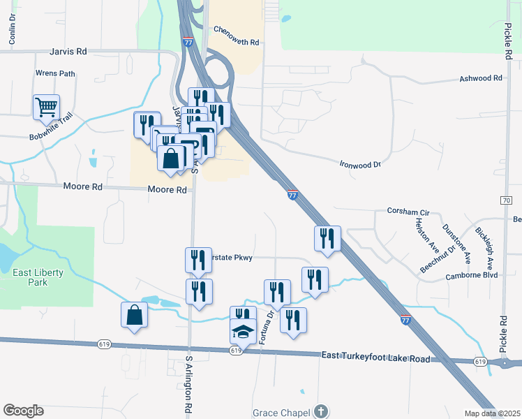 map of restaurants, bars, coffee shops, grocery stores, and more near 3001 Fortuna Drive in Akron