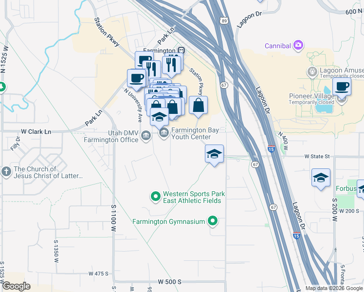 map of restaurants, bars, coffee shops, grocery stores, and more near 907 West Clark Lane in Farmington