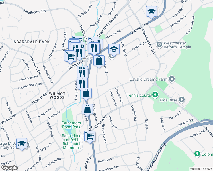 map of restaurants, bars, coffee shops, grocery stores, and more near 31 Innes Road in Scarsdale