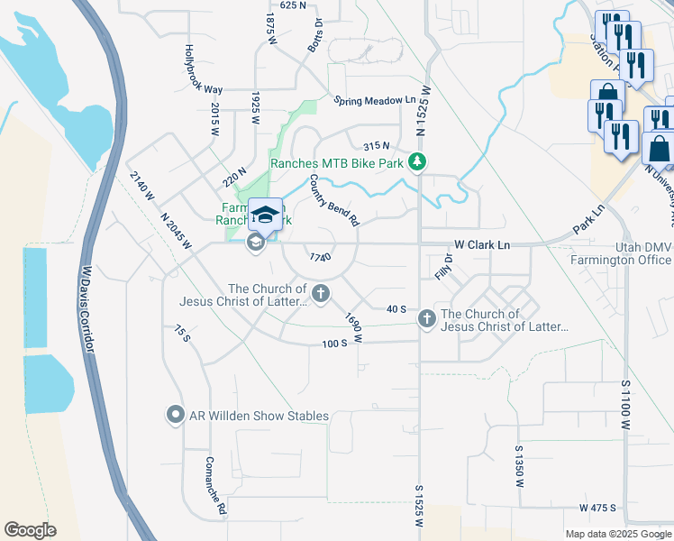 map of restaurants, bars, coffee shops, grocery stores, and more near 74 North Wagon Wheel Circle West in Farmington