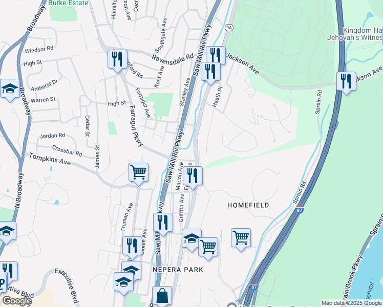 map of restaurants, bars, coffee shops, grocery stores, and more near 1337 Saw Mill River Road in Hastings-on-Hudson