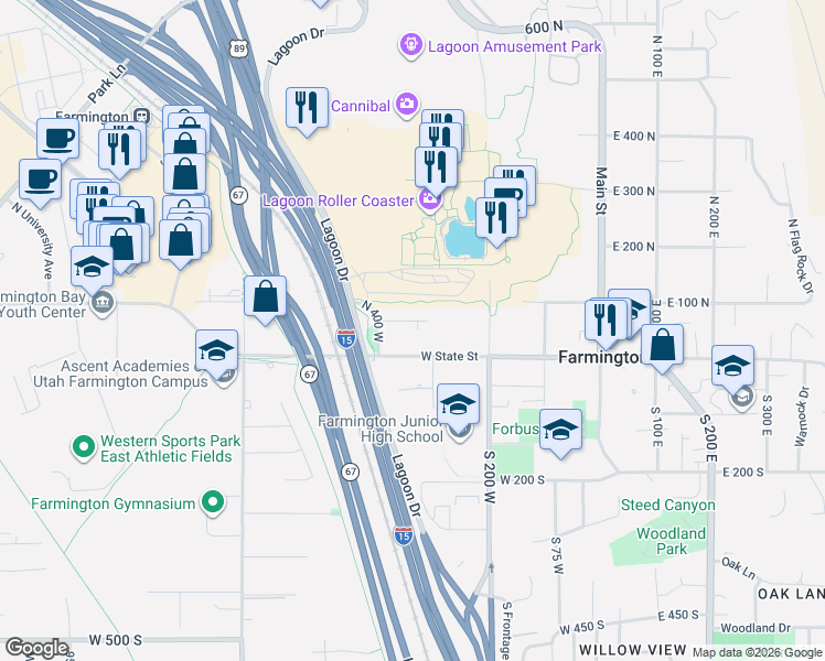 map of restaurants, bars, coffee shops, grocery stores, and more near 24 North 400 West in Farmington