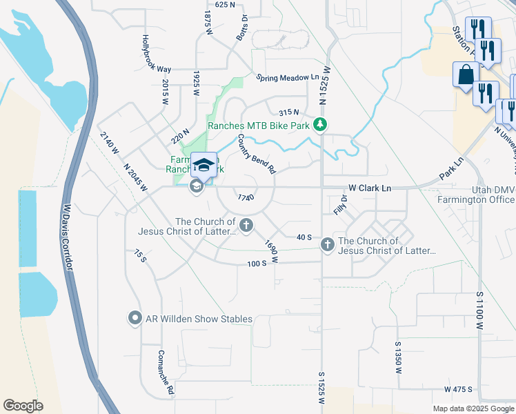 map of restaurants, bars, coffee shops, grocery stores, and more near 74 North Wagon Wheel Circle West in Farmington