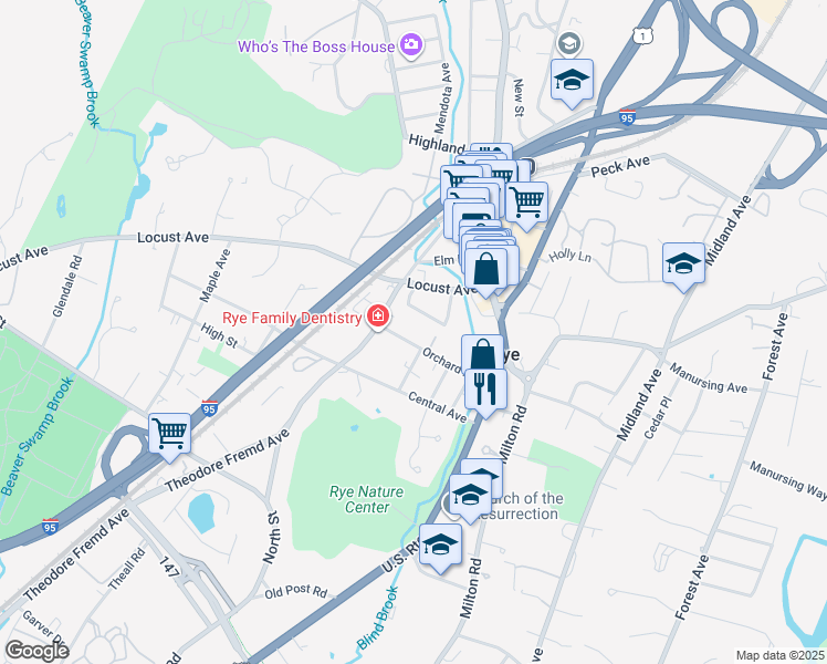 map of restaurants, bars, coffee shops, grocery stores, and more near 84 Orchard Avenue in Rye
