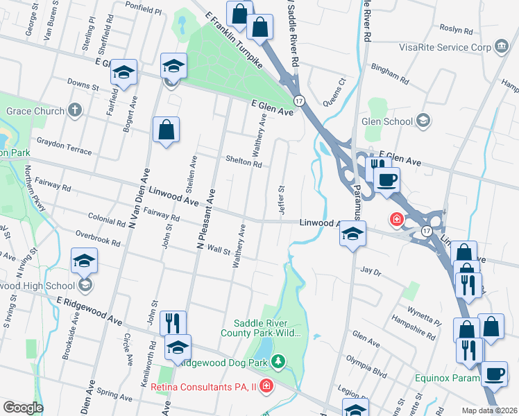 map of restaurants, bars, coffee shops, grocery stores, and more near 215 Walthery Avenue in Ridgewood