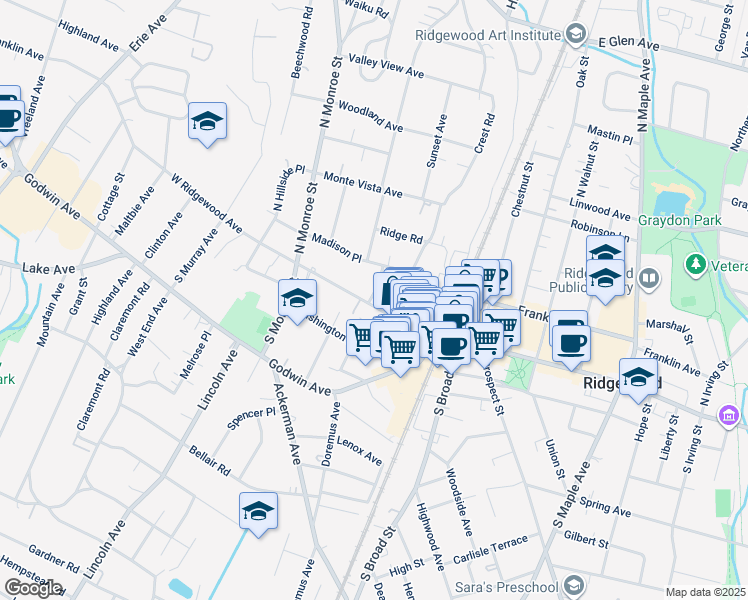 map of restaurants, bars, coffee shops, grocery stores, and more near 109 West Ridgewood Avenue in Ridgewood