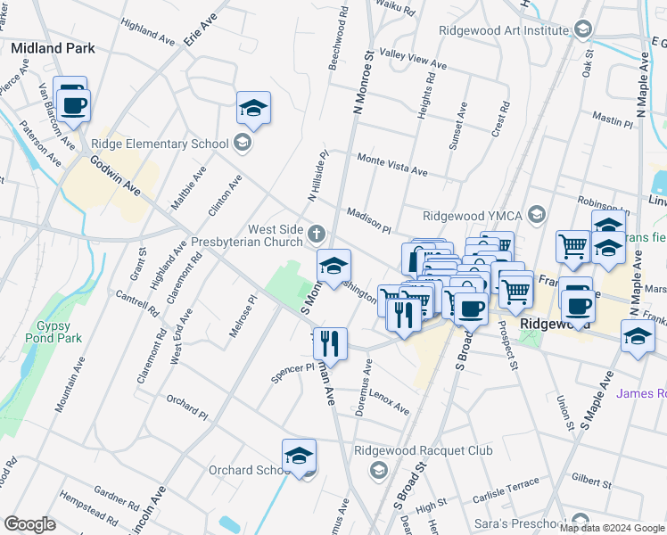 map of restaurants, bars, coffee shops, grocery stores, and more near 25 South Monroe Street in Ridgewood