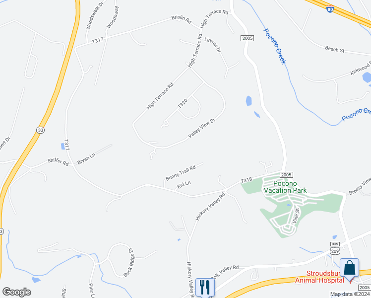 map of restaurants, bars, coffee shops, grocery stores, and more near 312 Valley View Drive in Stroudsburg