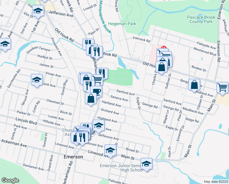 map of restaurants, bars, coffee shops, grocery stores, and more near 35 Sanford Avenue in Emerson