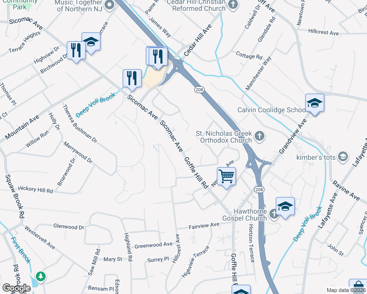 map of restaurants, bars, coffee shops, grocery stores, and more near 604 Sicomac Avenue in Hawthorne
