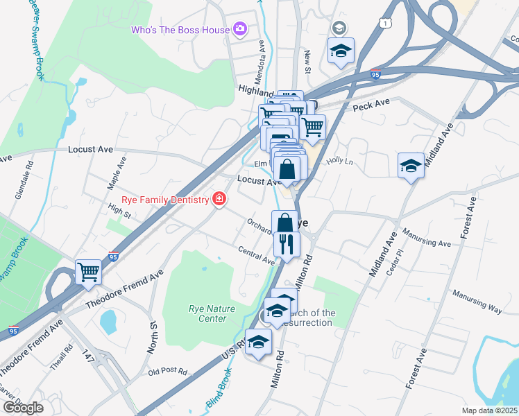 map of restaurants, bars, coffee shops, grocery stores, and more near 27 Mead Place in Rye