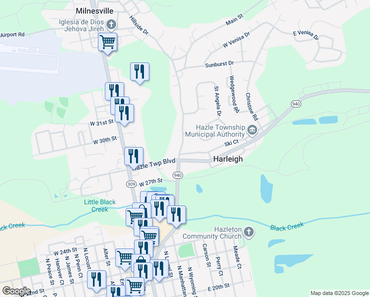 map of restaurants, bars, coffee shops, grocery stores, and more near 614 Hillside Drive in Harleigh