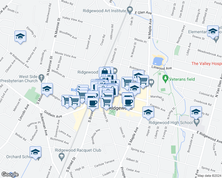 map of restaurants, bars, coffee shops, grocery stores, and more near 75 Franklin Avenue in Ridgewood