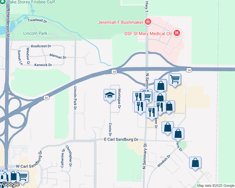 map of restaurants, bars, coffee shops, grocery stores, and more near 2818 Montague Drive in Galesburg