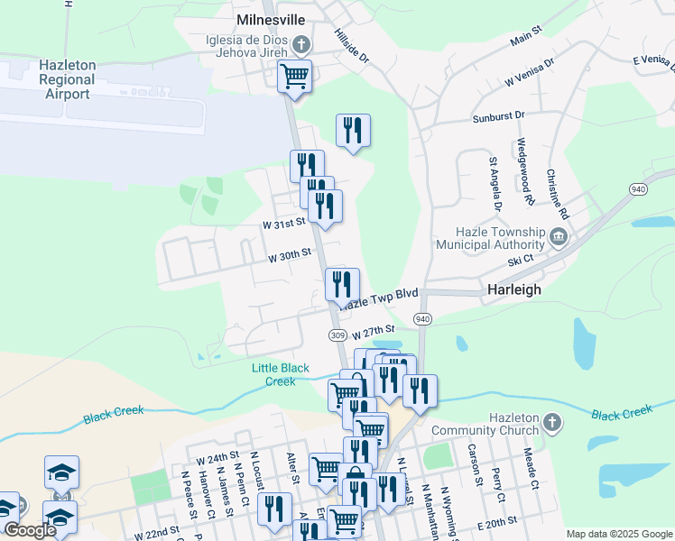 map of restaurants, bars, coffee shops, grocery stores, and more near 1213 North Church Street in Luzerne County