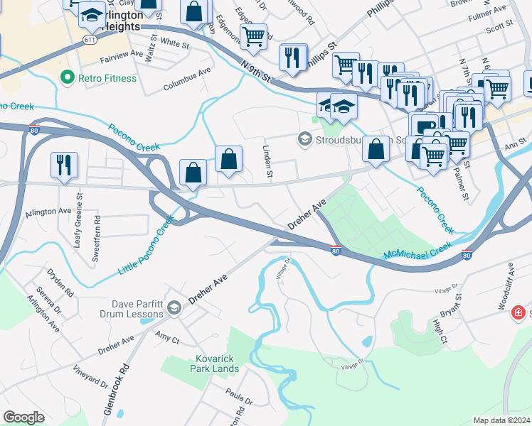 map of restaurants, bars, coffee shops, grocery stores, and more near 132 Garden Street in Stroudsburg