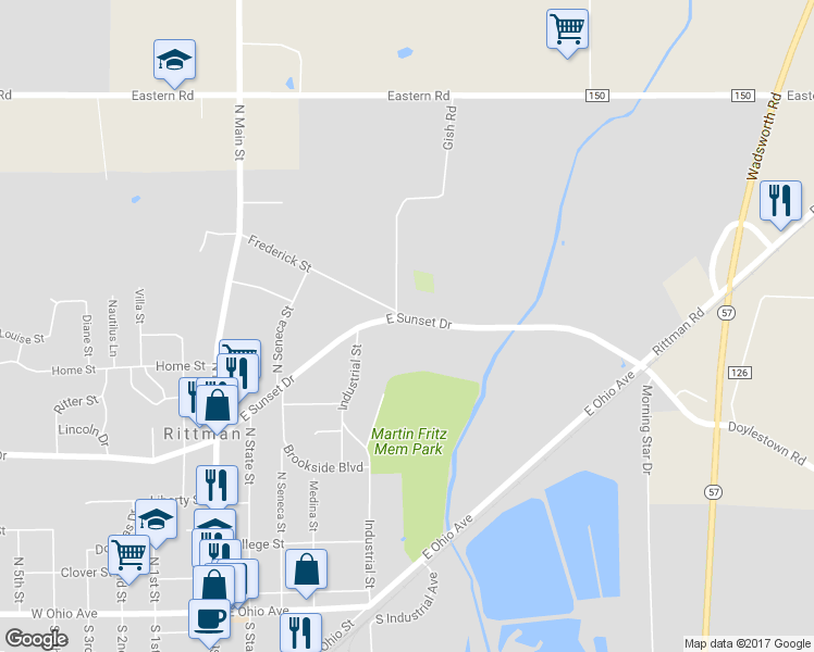 map of restaurants, bars, coffee shops, grocery stores, and more near 246 East Sunset Drive in Rittman