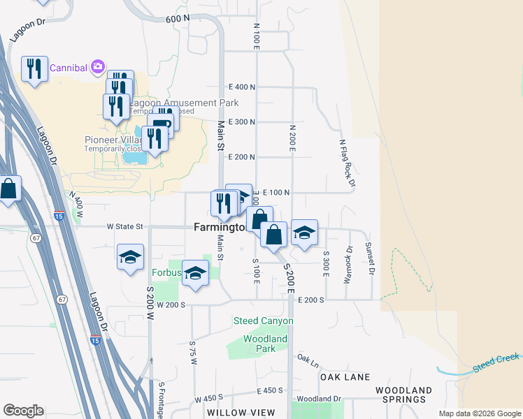map of restaurants, bars, coffee shops, grocery stores, and more near 132 East 100 North in Farmington