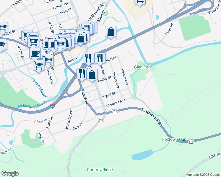 map of restaurants, bars, coffee shops, grocery stores, and more near 238 Lee Avenue in Stroudsburg