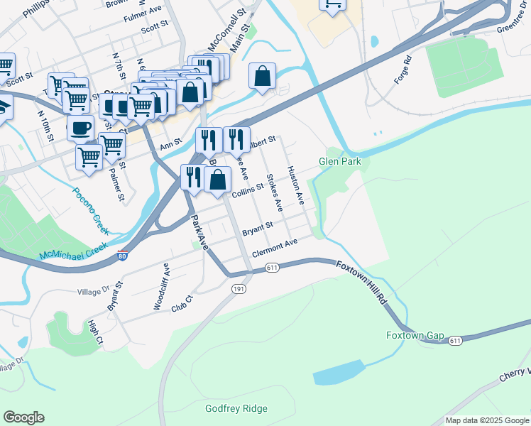 map of restaurants, bars, coffee shops, grocery stores, and more near 238 Lee Avenue in Stroudsburg
