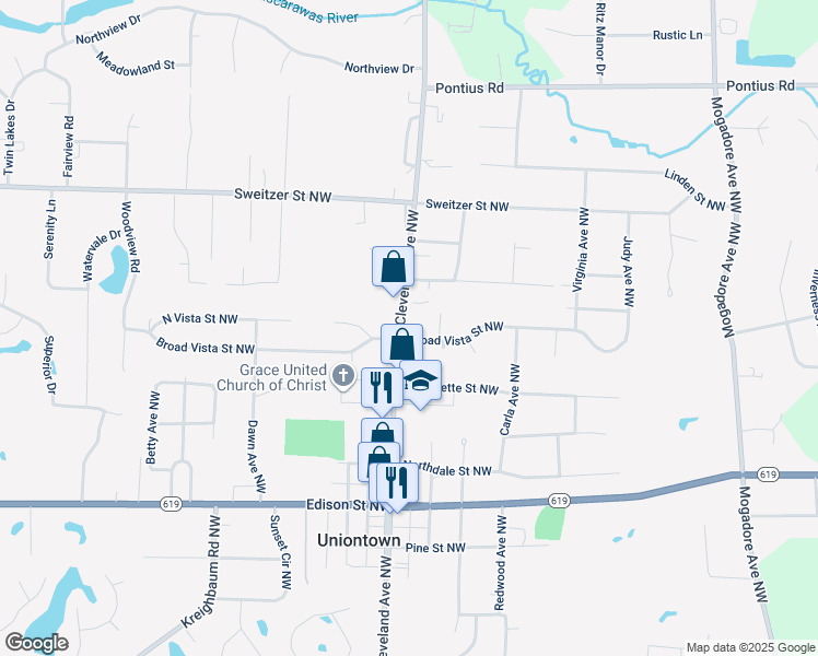 map of restaurants, bars, coffee shops, grocery stores, and more near 13398 Cleveland Avenue Northwest in Uniontown