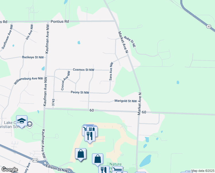 map of restaurants, bars, coffee shops, grocery stores, and more near 13365 Sara Avenue Northwest in Hartville