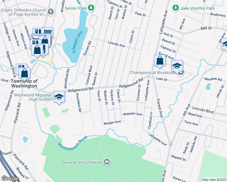 map of restaurants, bars, coffee shops, grocery stores, and more near 195 Hickory Street in Township of Washington