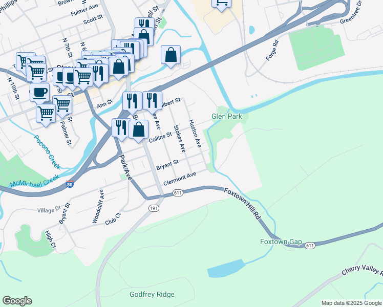 map of restaurants, bars, coffee shops, grocery stores, and more near 310 Bryant Street in Stroudsburg