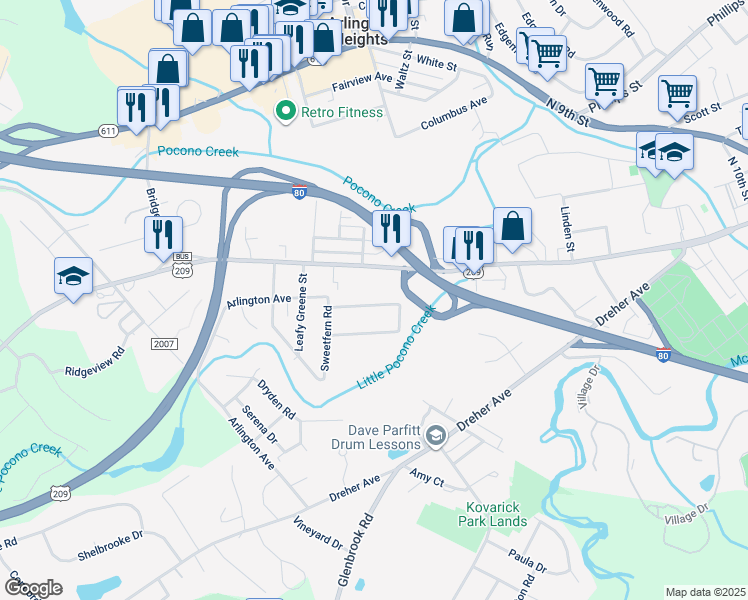 map of restaurants, bars, coffee shops, grocery stores, and more near 1724 Honeysuckle Lane in Stroudsburg