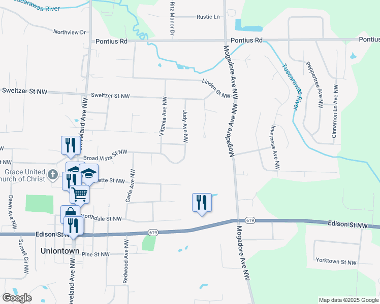 map of restaurants, bars, coffee shops, grocery stores, and more near 13340 Judy Avenue Northwest in Uniontown