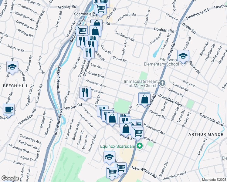 map of restaurants, bars, coffee shops, grocery stores, and more near 98 Anderson Avenue in Scarsdale
