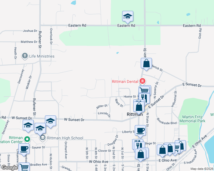 map of restaurants, bars, coffee shops, grocery stores, and more near 321 Nautilus Lane in Rittman