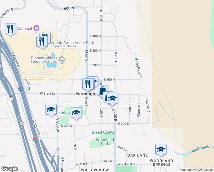 map of restaurants, bars, coffee shops, grocery stores, and more near 132 East 100 North in Farmington